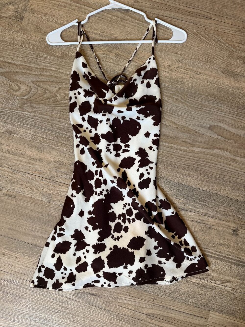 Cow Print Cowl Neck Mini Dress *Size XS Brown White Backless Lace Up slip dress